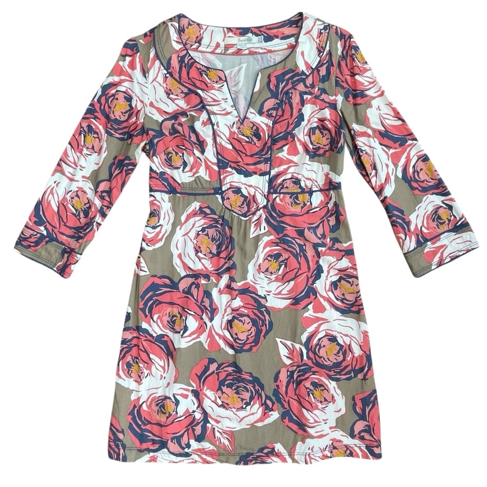 Boden Womens Dress 4R Pink Tan Floral 3/4Sleeve Mini Tunic Viscose Resortwear
